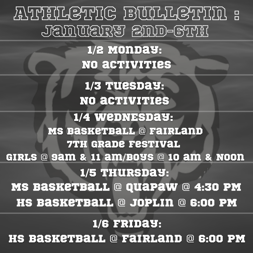 Athletic Schedule: January 2nd-6th, 2023
